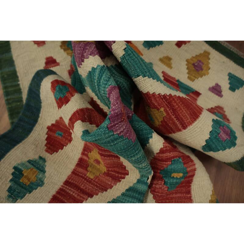 Hand Woven Oriental 100% Wool Carpet Southwestern Modern Green Kilim Runner Rug - 8' 10'' X 2' 7''