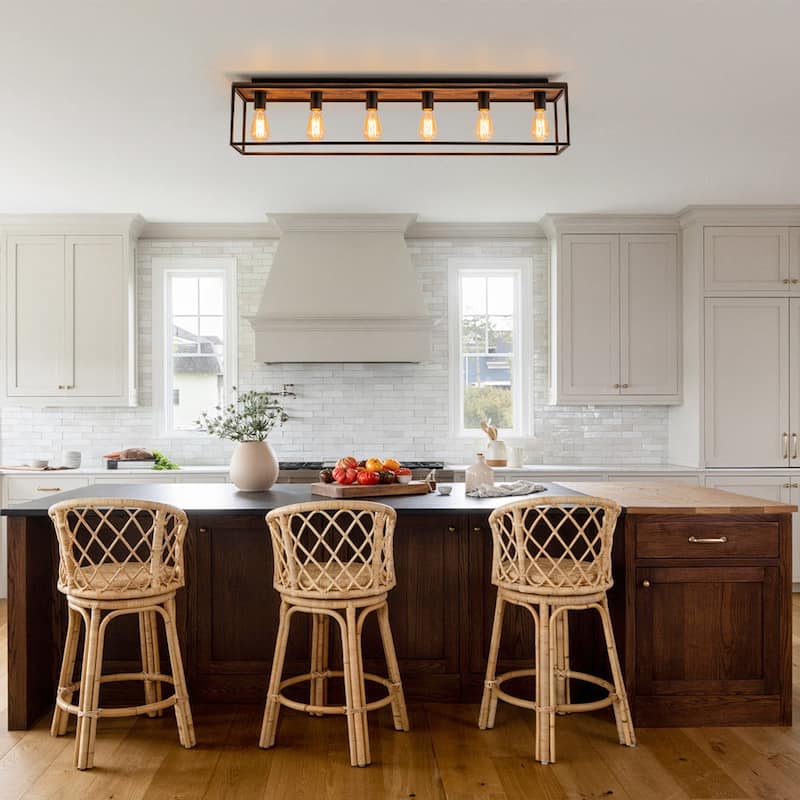 Modern Farmhouse Oak Wood Rectangle Cage Semi-Flush Mount