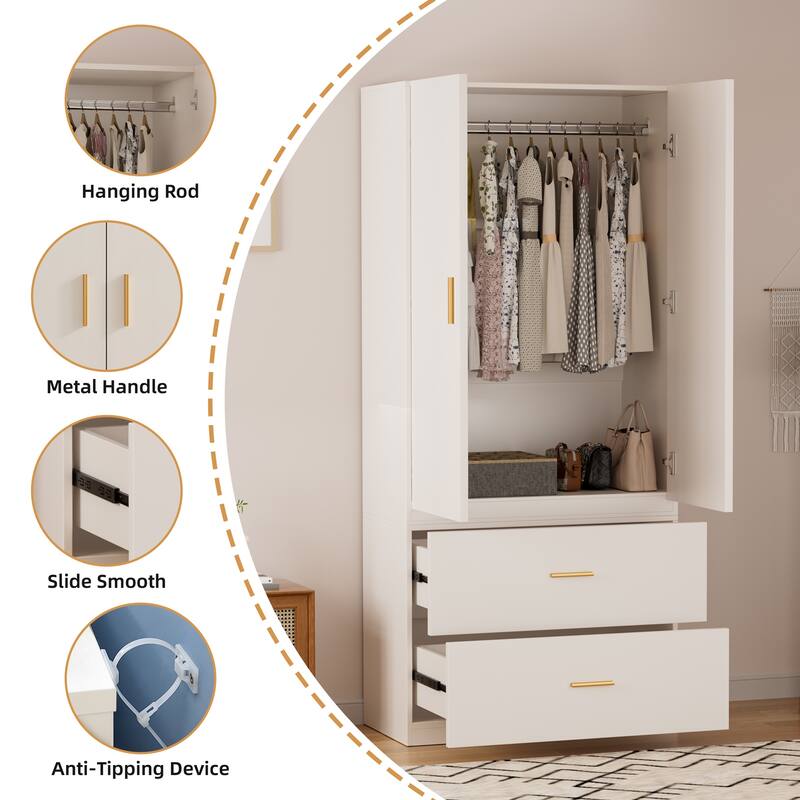 Meyreso White Minimalist Modular Wardrobe Closet with Drawers, Convertible Stacking Armoire - N/A