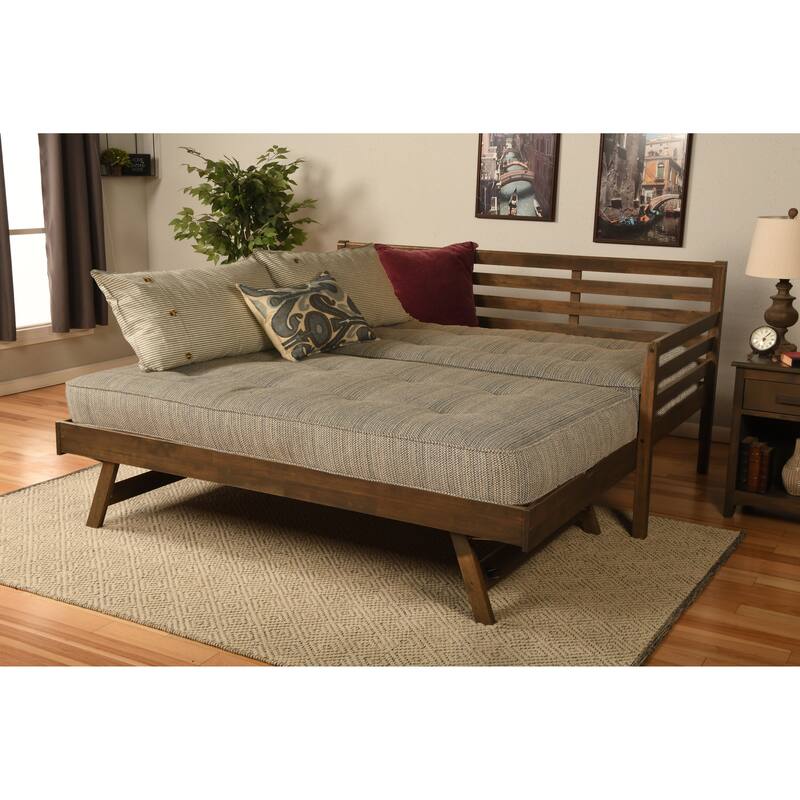 Somette Boho Daybed and Pop Up Bed in Rustic Walnut with Mattresses - Seaport Blue