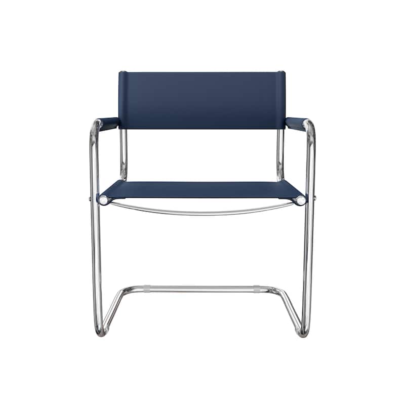 HomeRoots 23" Navy Blue and Silver Leather and Stainless Steel Arm Chair - 22.95 in. x 31.30 in. x 23.62 in.