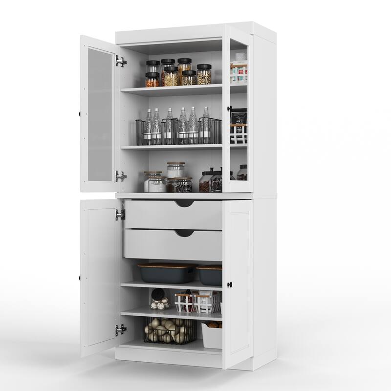 Palace Imports Solid Wood Pantry Cabinet, Raised Panel & Clear Glass Doors, 2 Drawers, Adjustable Shelves