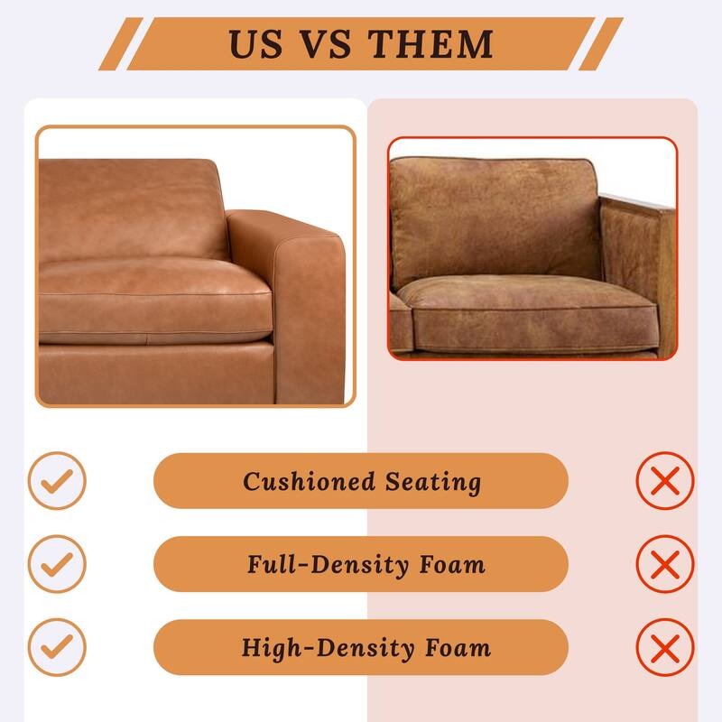 Genuine leather sofa & loveseat with feather cushions, square arms, sturdy & stylish.