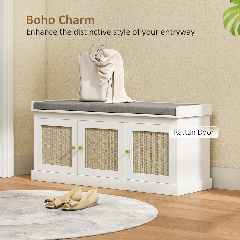 HOMCOM Shoe Bench with Woven Rattan Doors, Shoe Storage Bench with Cushion, Adjustable Shelves, Boho Style Entryway Bench