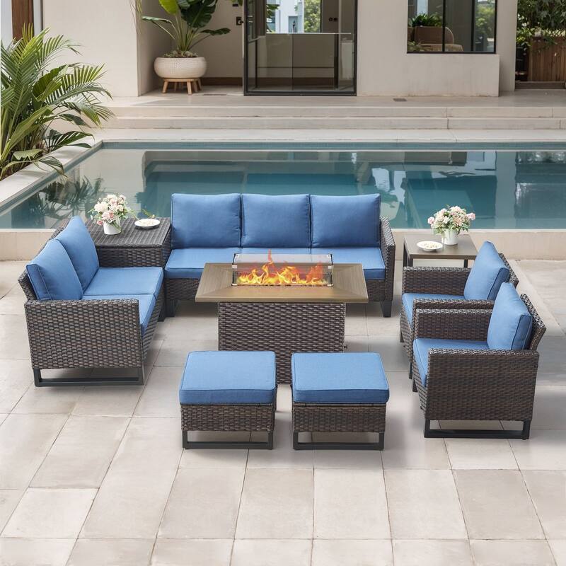 Gymojoy 7-9 Person All-Weather Wicker Outdoor Conversation Set Seating Group With Fire Pit Table - Brown Wicker / Blue Cusion - 9-Piece
