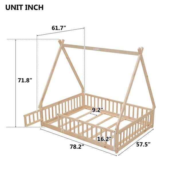 dimension image slide 3 of 6, Tent-shaped Floor Bed with Fence & Door,Wooden Montessori Bed for Kids