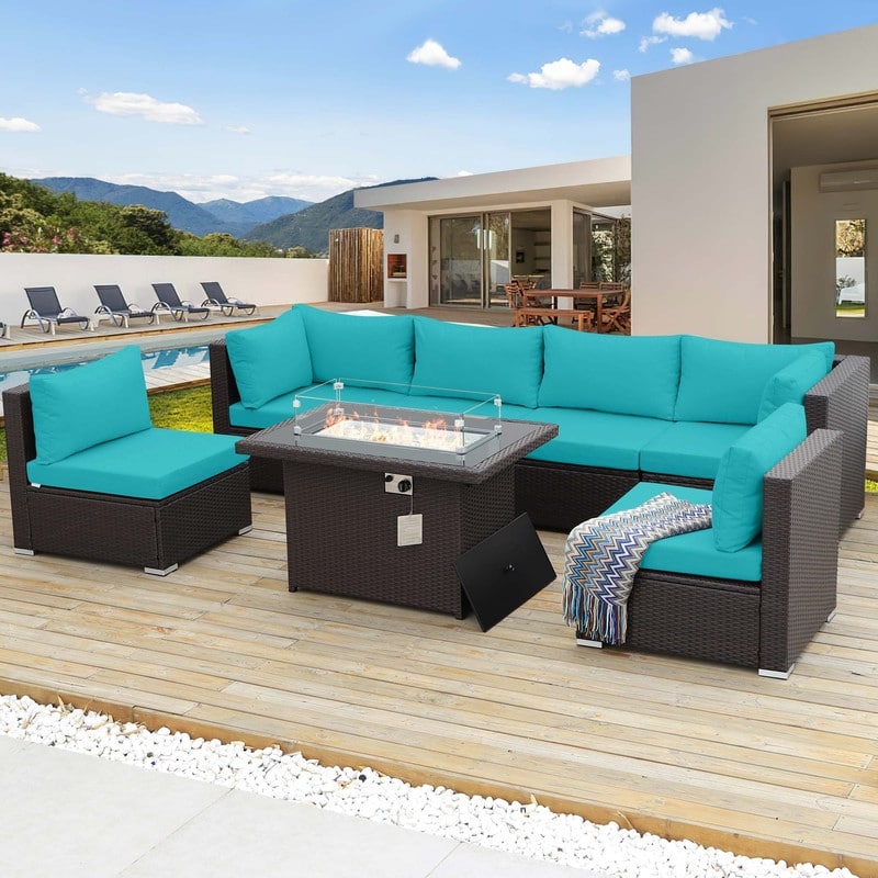 7-Piece Outdoor Deep Seating Sectional Wicker Patio Conversation Set with Fire Pit - Teal
