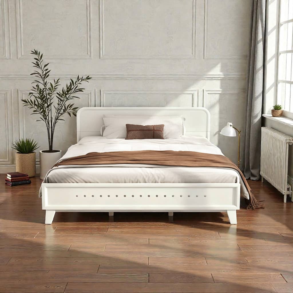 Modern Solid Wood Platform Bed, Pine Wood Queen/King Bed Frame with Slats, Stable No Box Spring