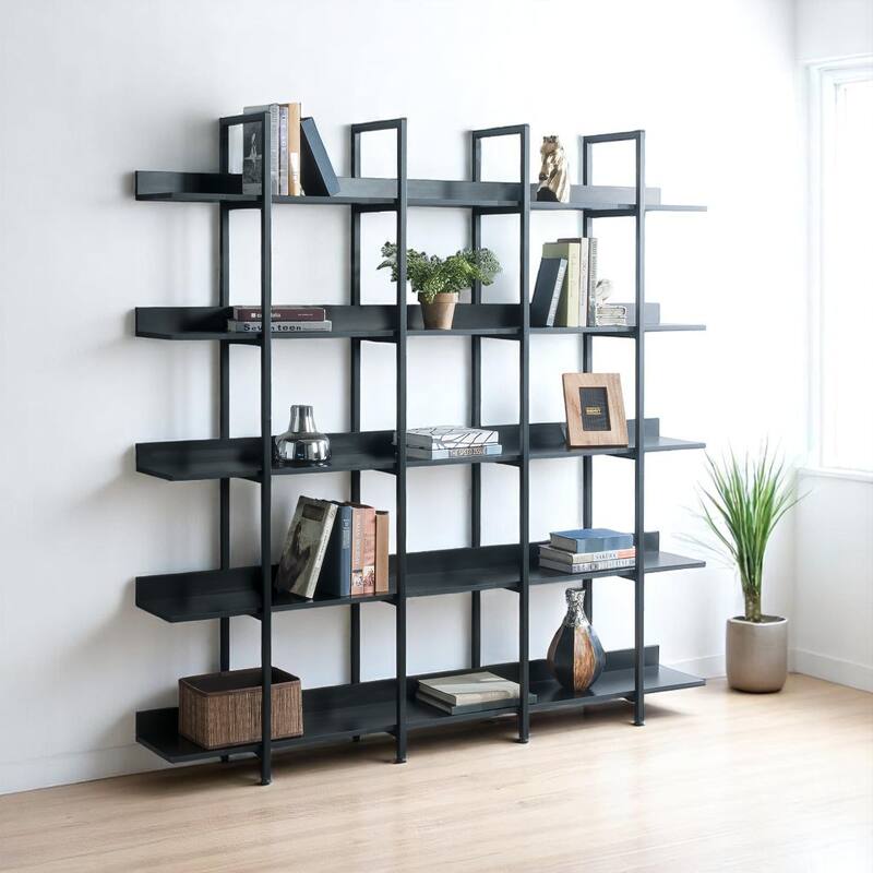 5-Tier Industrial Bookshelf, Rustic Bookcase, Adjustable Foot Pads, 70.87" Tall Storage Rack for Living Room, Office