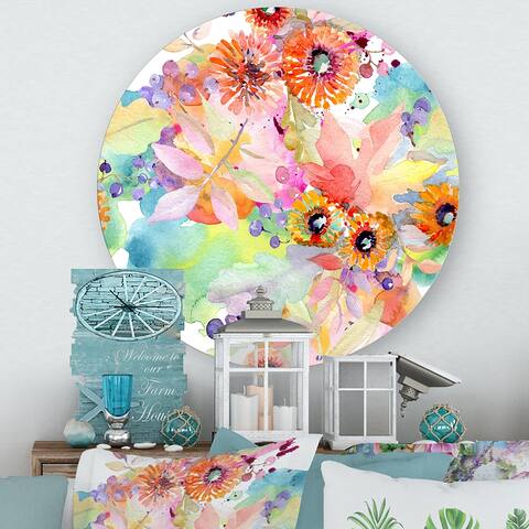 Designart 'Vibrant Wild Spring Leaves and Wildflowers I' Traditional Metal Circle Wall Art