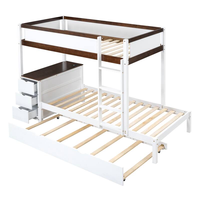 Space-Saving Twin-Over-Twin Bunk Bed with Trundle, Storage, and Desk in White and Walnut