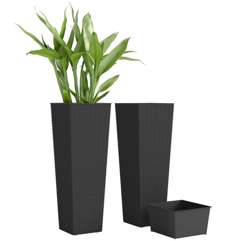 Outsunny 23.6 Inch Tall Planters for Outdoor Plants, Set of 2 Plastic Rattan-Like Flower Pots Front Porch