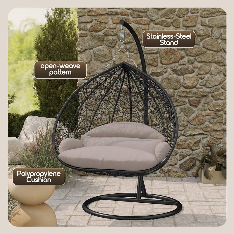 2-Person Outdoor Hanging Egg Chair with Teardrop Frame, Weather-Resistant Cotton Cushioned Seat for Patio and Indoor Use
