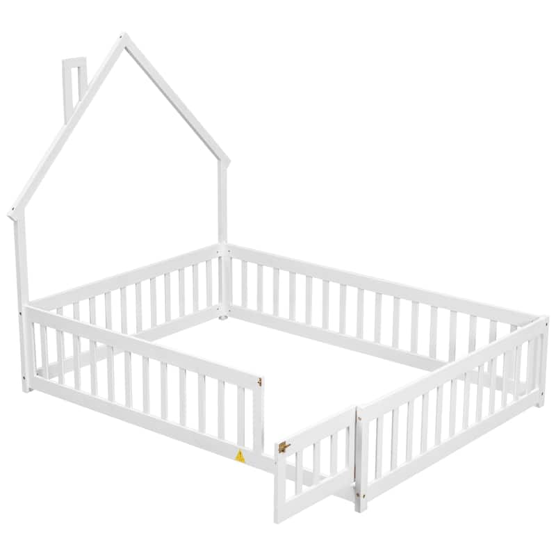 House-Shaped Full Floor Bed Frame with Fence Guardrails, Grey Wood