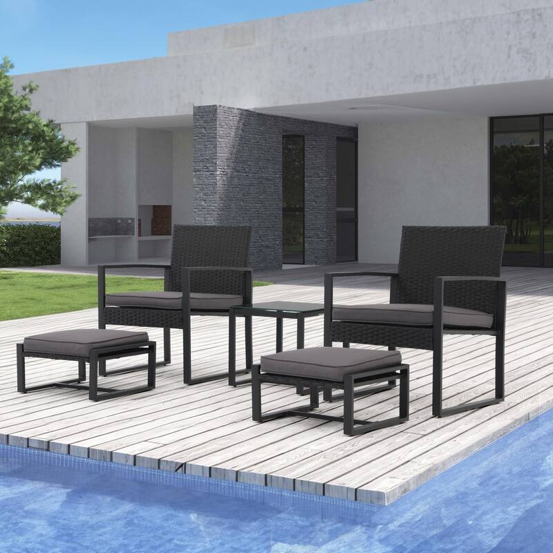 Patio 5 Pieces Wicker Chat Set with Cushions - Black/Grey
