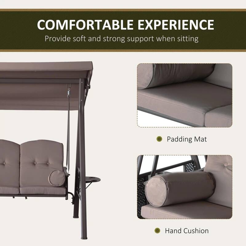 3-Seat Patio Swing Chair, Adjustable Canopy, Side Trays, Comfort Set