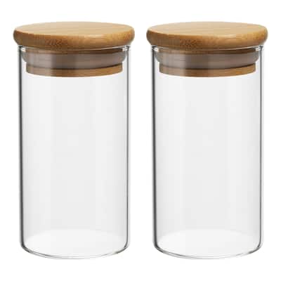 2Pcs 6.8oz Glass Jar with Airtight Bamboo Lid Glass Kitchen Container (10x5.4cm) - Transparent