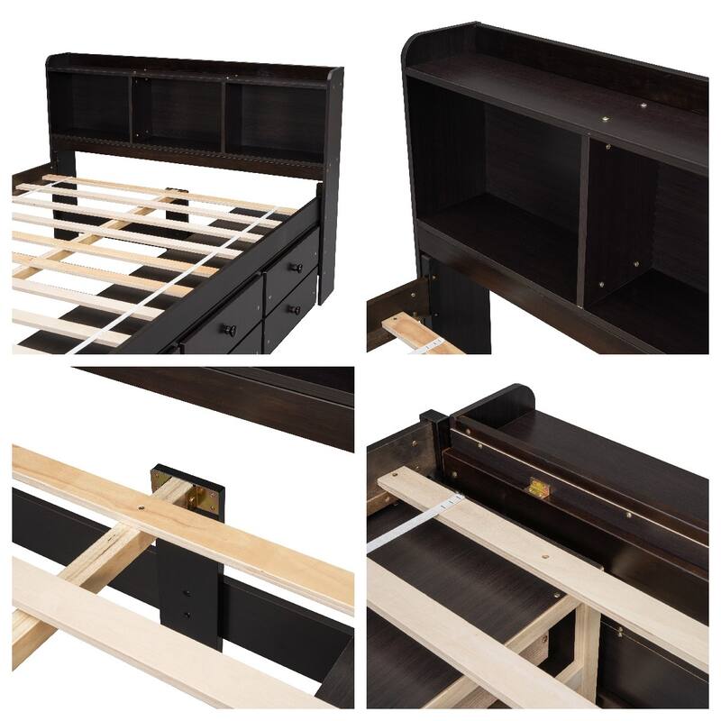 Full Bed w/Bookcase Headboard,Under bed Storage Drawers & Storage Case