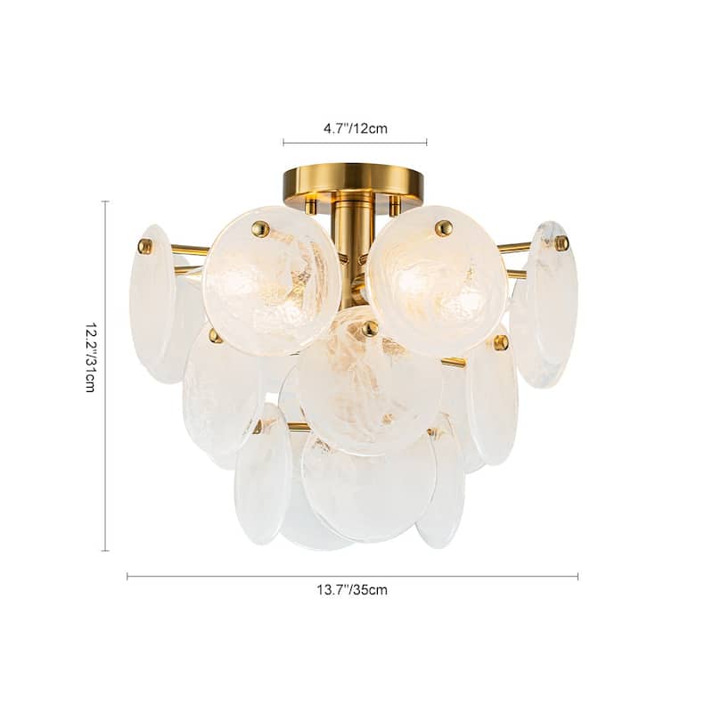 4-Light Tiered Cloud Glass Discs Semi-flush Mount - Burnished Brass - 13.8in