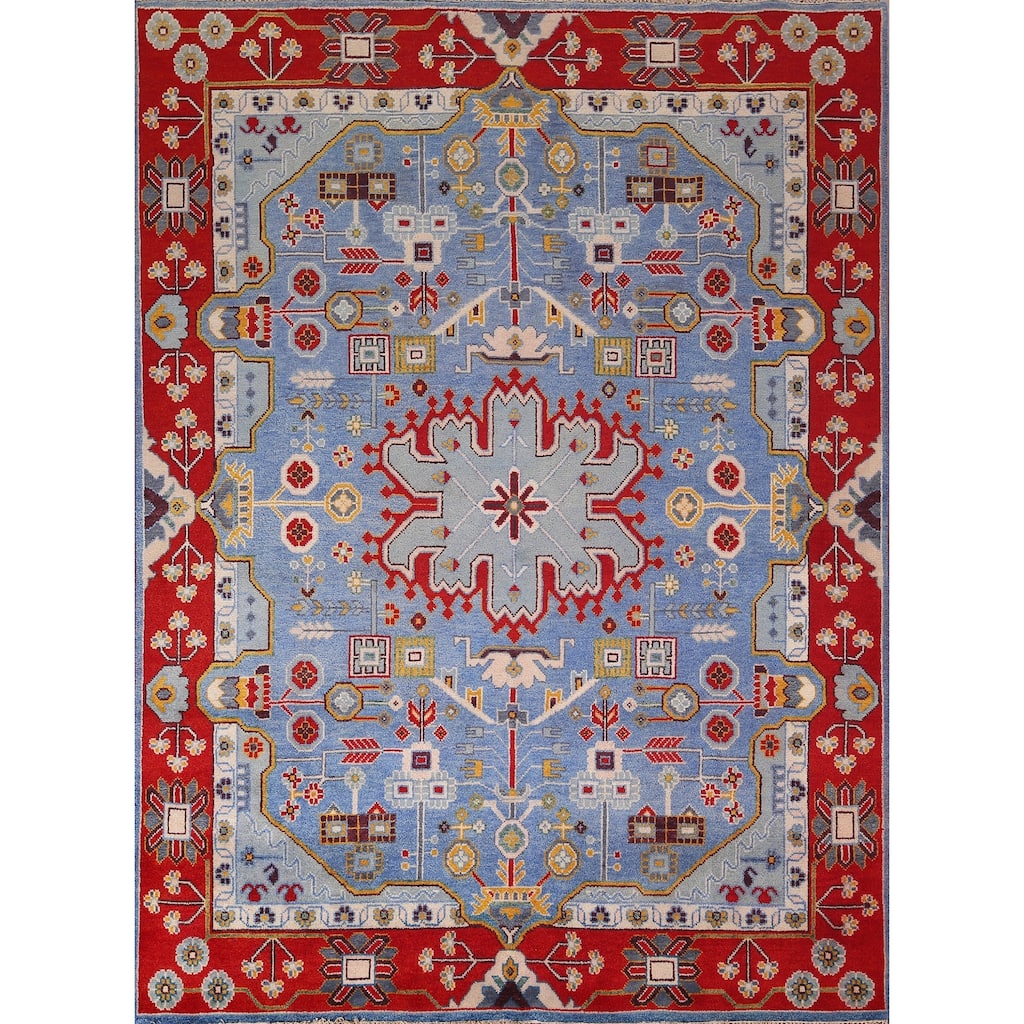 Blue Geometric Kazak Oriental Area Rug Hand-Knotted Wool Carpet - 7'11"x 10'0"