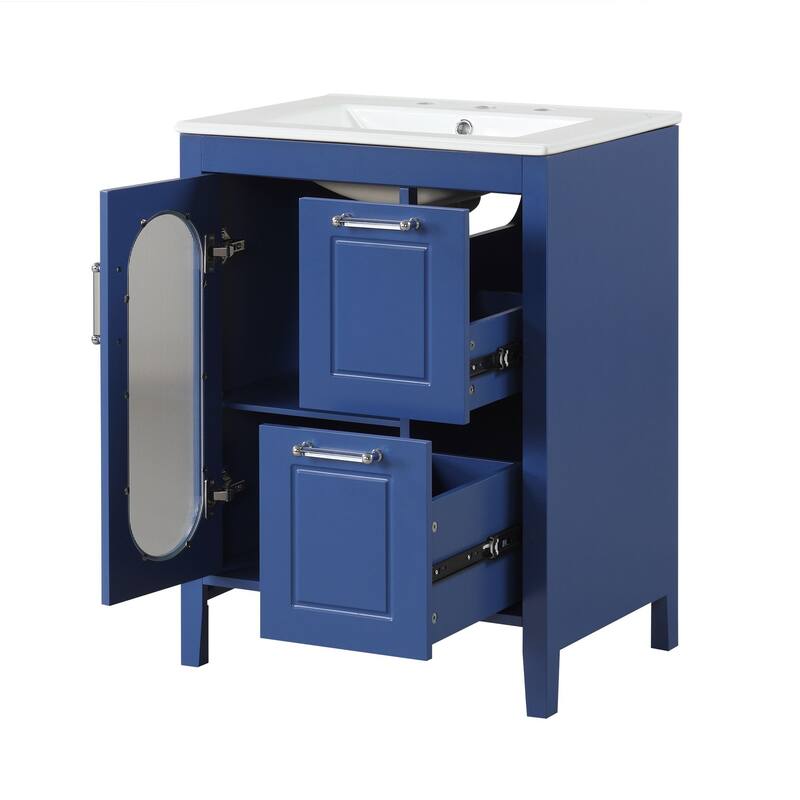 24" Black Bathroom Vanity with Sink - Solid Wood & MDF, Moru Glass Door, 2 Drawers, Adjustable Shelf