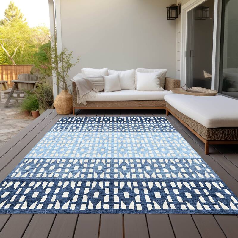 Machine Washable Indoor/ Outdoor Stripe Geo Chantille Rug - Blue - 9' x 12'
