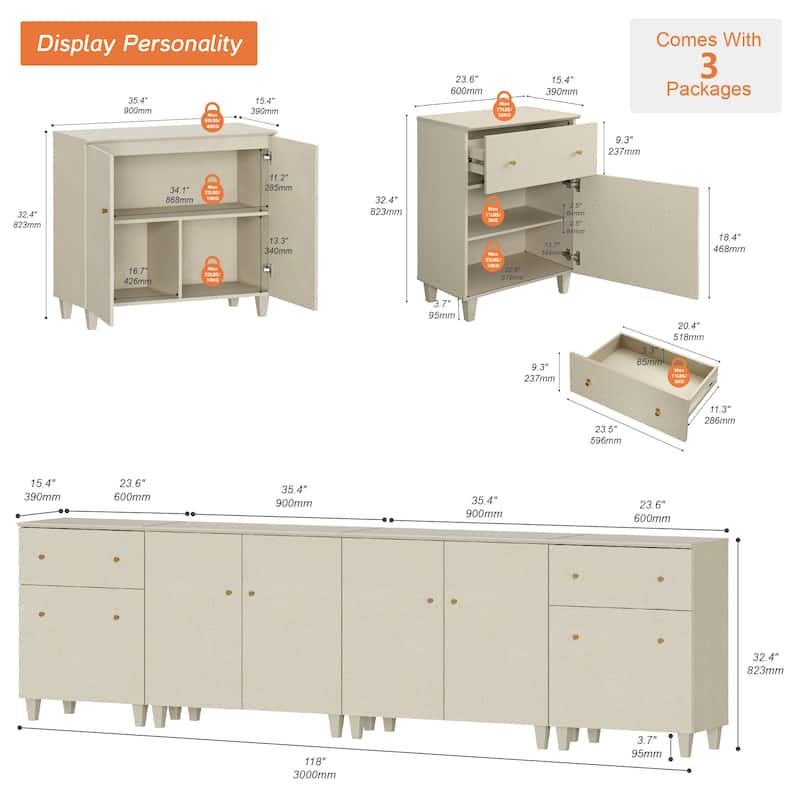 Wood Dresser with 2 Drawers and 4 Cabinets for Bedroom, 118" Wide