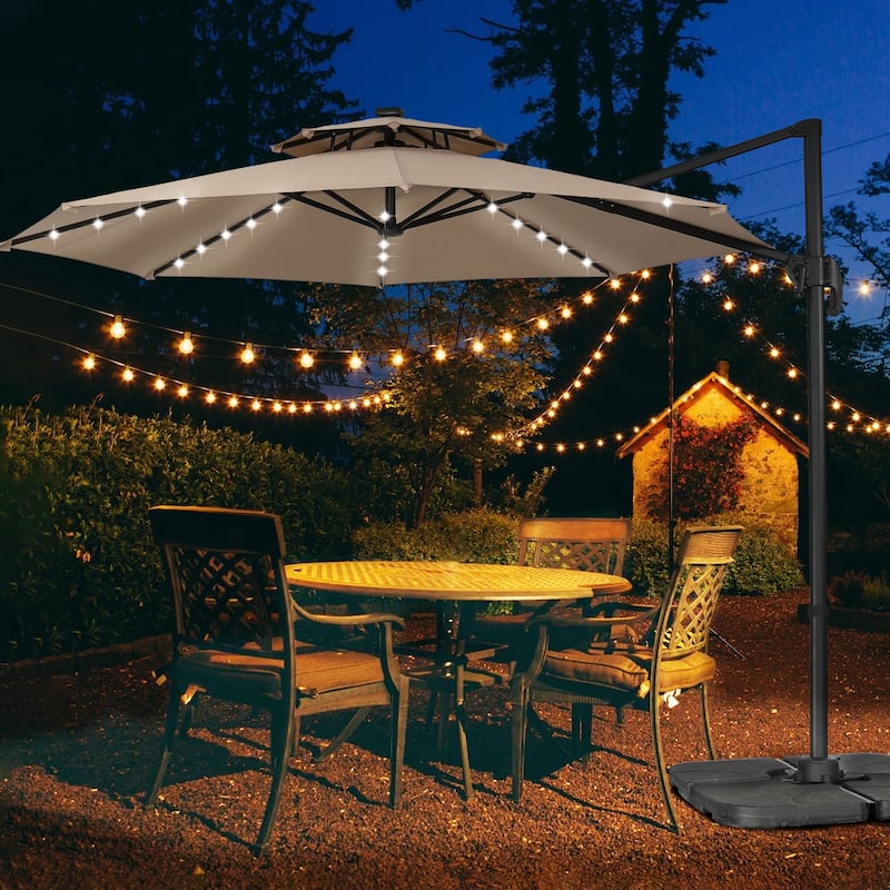Ainfox 10 FT Aluminum Offset Outdoor Cantilever Umbrella with 360-degree Rotation - Beige-With Lights