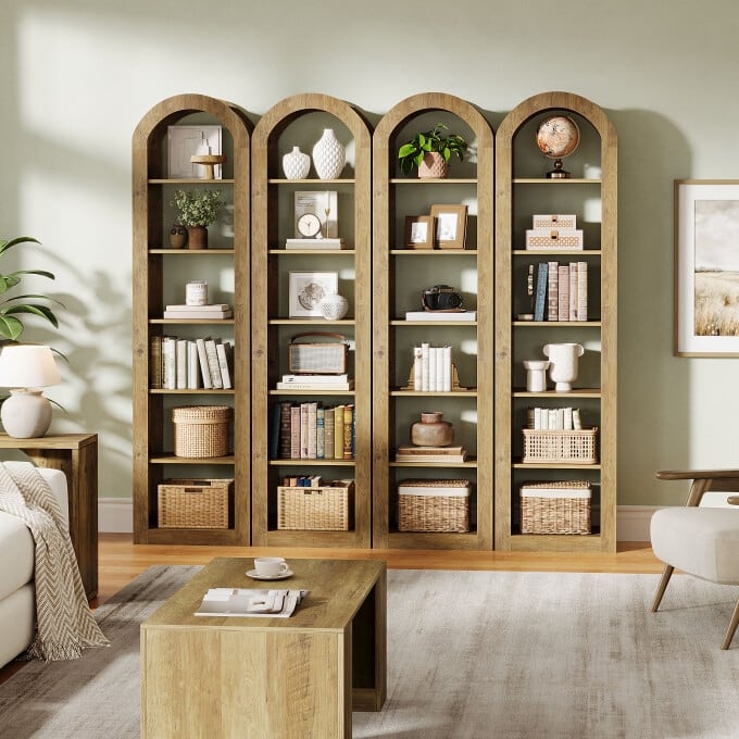 6-Tier Wooden Tall Bookshelf, 74.8 Inches Rustic Arched Bookcase