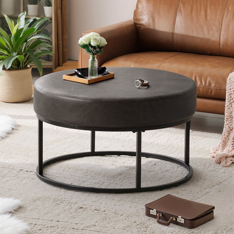 Faux Leather Round Ottoman for Living Room with Metal Legs - Dark Grey