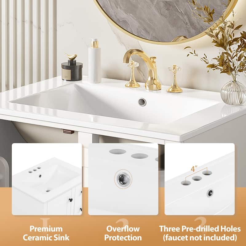 24" Bathroom Vanity with Integrated Ceramic Sink, Soft-Close Drawers and Door, Cabinet with Door Storage Rack