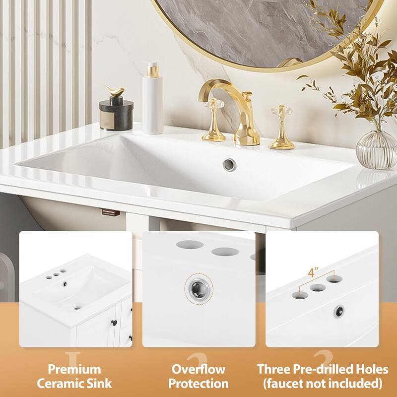 GDFStudio - Faraday Modern Freestanding Bathroom Vanity with Ceramic Sink, Double-Layer Shelf and Soft Close Drawers & Door