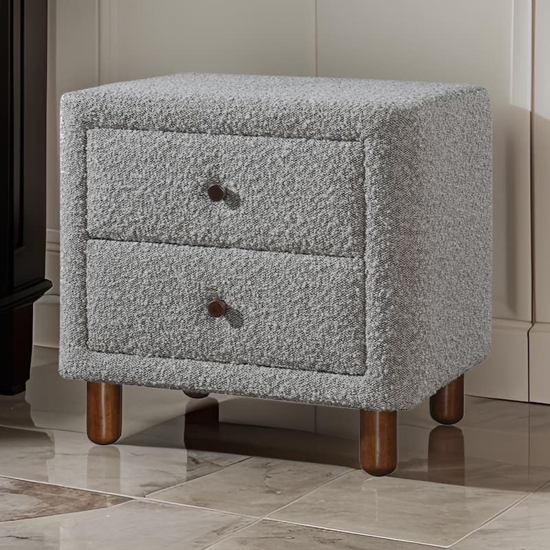 Lyno 20 Inch Nightstand, 2 Drawers, Brown Legs, Gray Boucle Upholstery