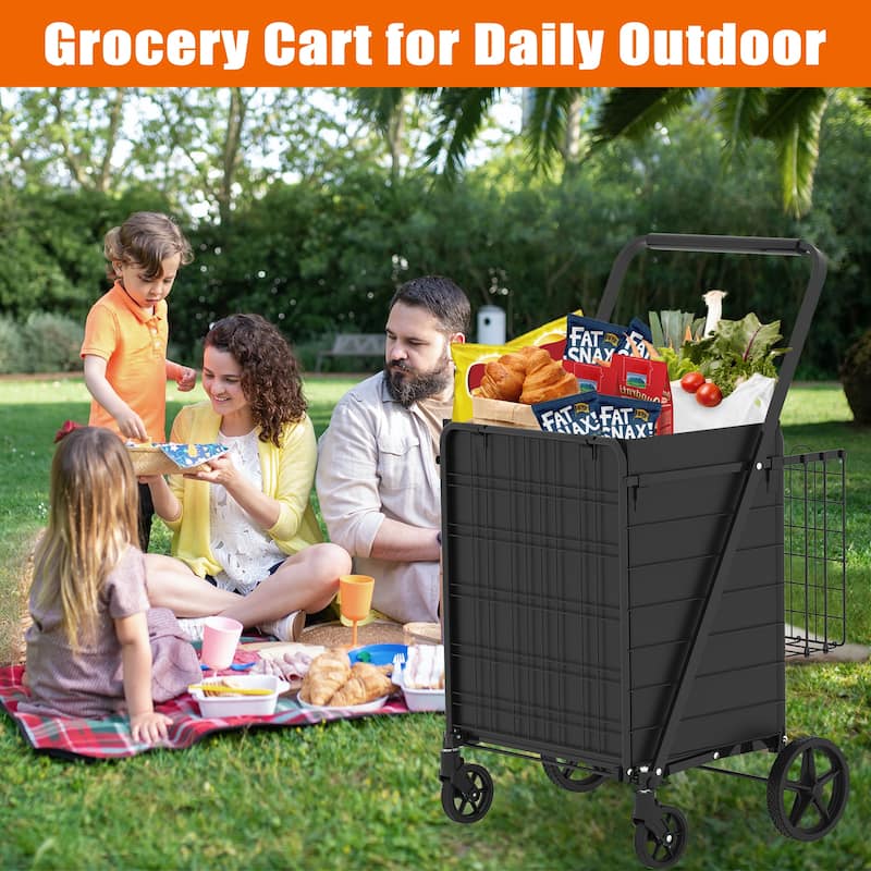 Foldable Extra Large Grocery Shopping Cart w/ Double Basket and 360 Rolling Swivel Wheels