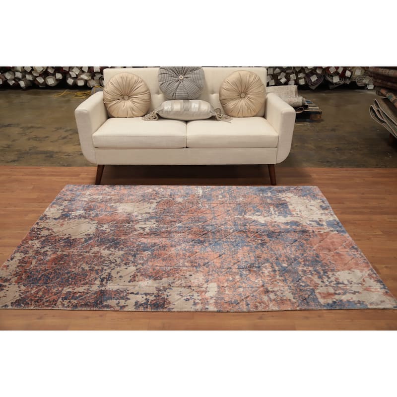 Hand Knotted Oriental Viscose Silk Carpet Modern Abstract Oranges & Rust Abstract Area Rug - 6' 7'' X 4' 8''