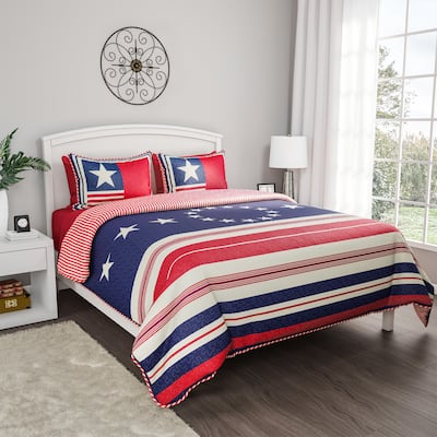 Quilt Set - Glory Bound Microfiber Patriotic Americana Flag Bedspread with Pillow Shams by Windsor Home
