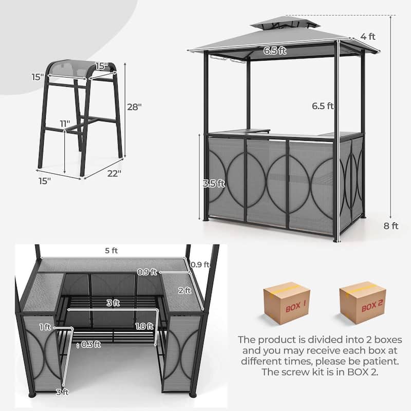 3-Piece Patio Bar Set w/ 2 Stools & Metal Storage BBQ Gazebo Shelter