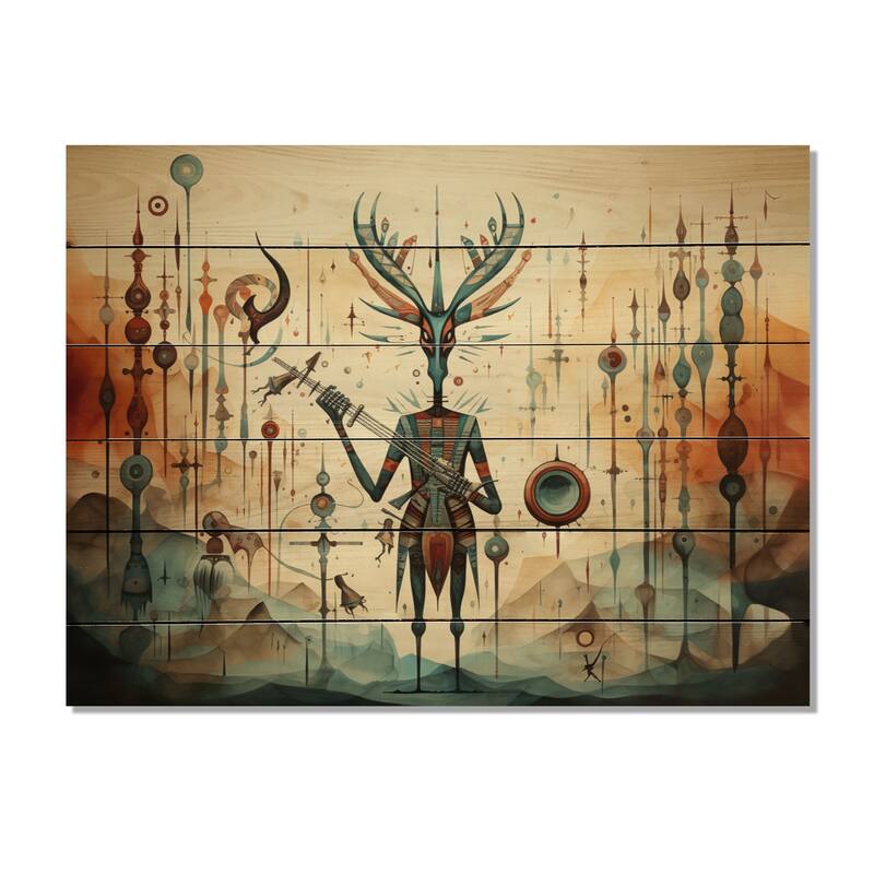 Designart "Native Art Kokopellis Melodies II" Native American Print on Natural Pine Wood