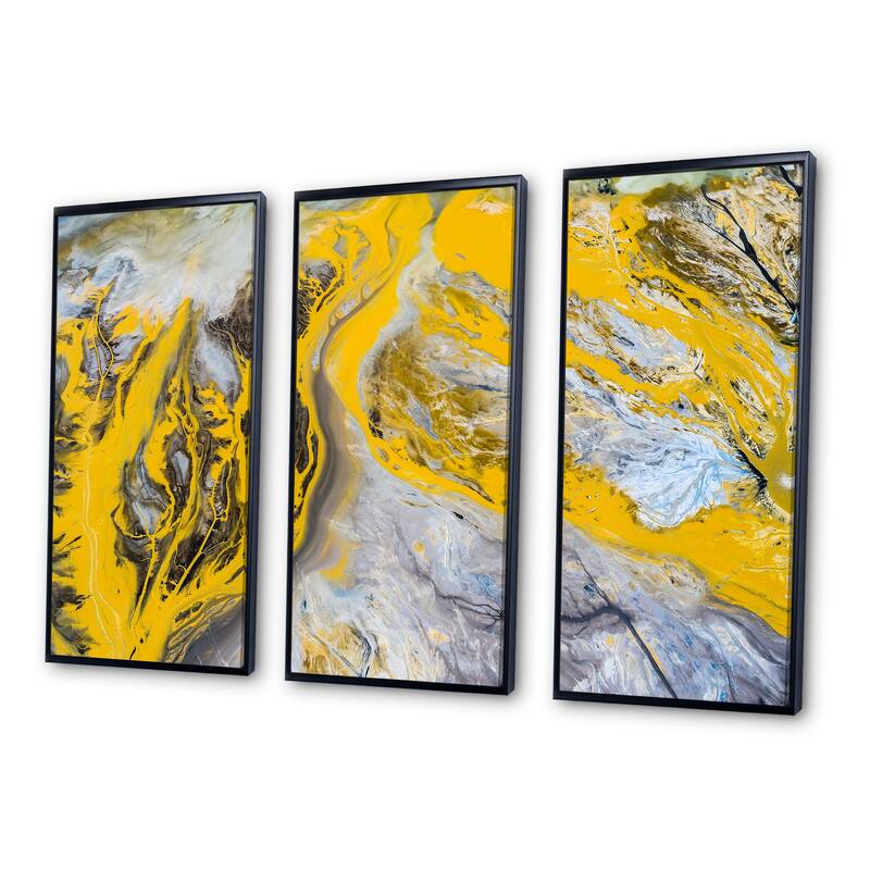 Designart "Yellow And Black Liquid Art Universe" Modern Framed Artwork