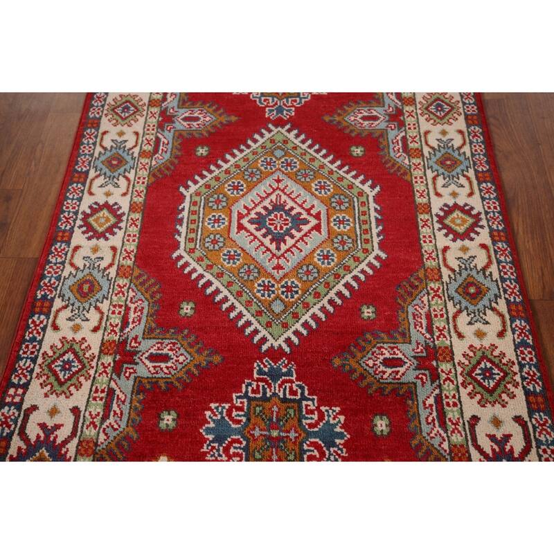 Geometric Red Kazak Accent Rug Home Decor Hand-Knotted Wool Carpet - 2'10" x 4'5"