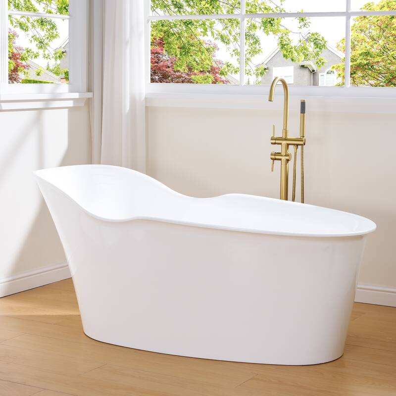 66'' W,63 GALLONS Freestanding Acrylic Soaking Bathtub With Drain And Overflow Holes