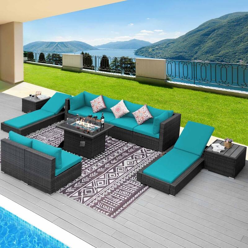 FINCATI Outdoor High-back Wicker Patio Sectional Set, 500 lbs Luxury Oversized Conversation Set, Spacious Couch Set - 240122 - Teal