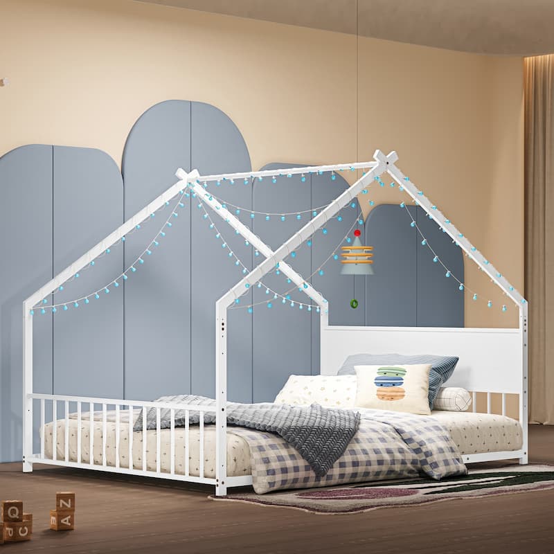 Full Size Canopy House Bed with LED Lights, Sturdy Metal Frame & Slats for Kids & Teens, No Box Spring Needed (White)
