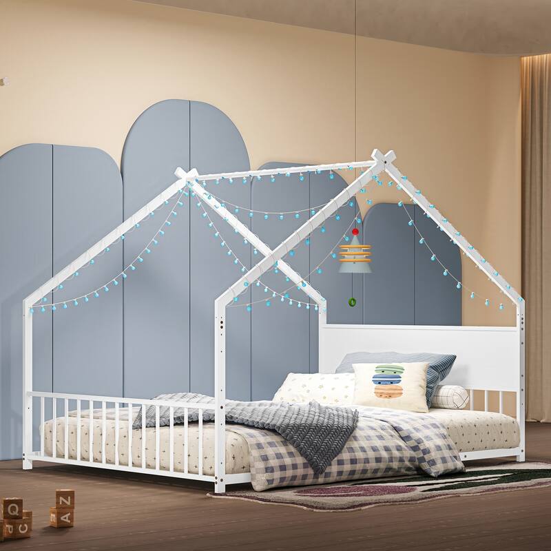 House Bed with Roof and Colorful Lights, House-shaped Frame Floor Bed with House Roof Frame, Metal Bed Frame with Slats and Legs - White - Full