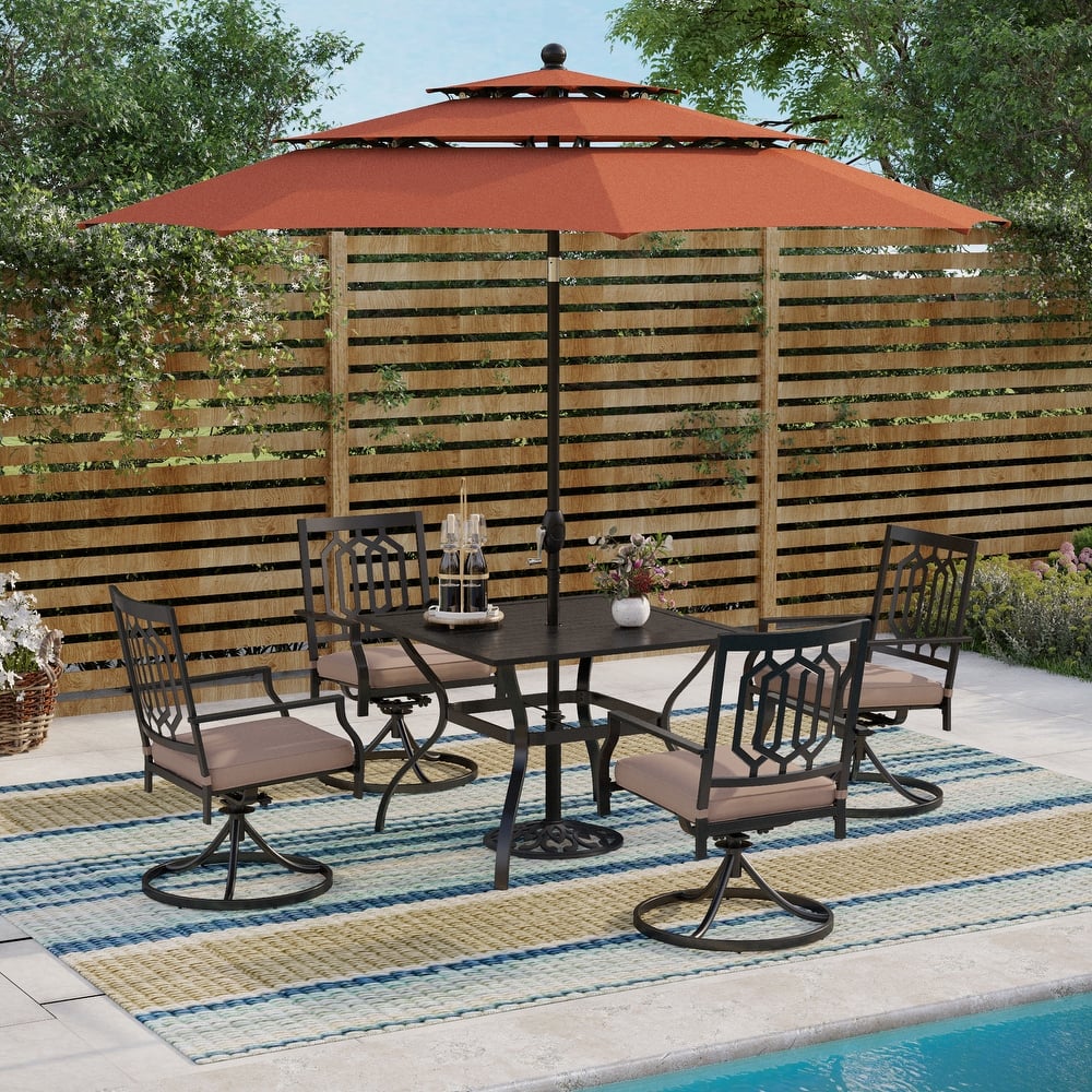 MAISON ARTS Patio Dining Set 5 Piece with 10ft Round Umbrella, 4 Swivel Dining Chair with Cushion and Steel Slat Patio Table