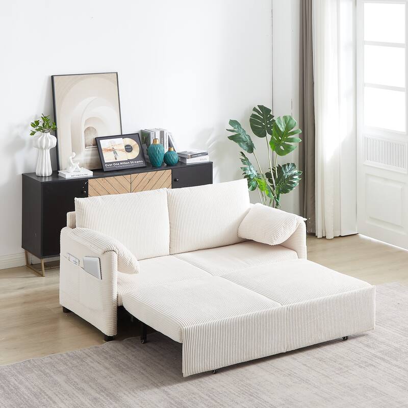 Corduroy Convertible Sleeper Sofa Bed, 3-in-1 Adjustable Sleeper Sofa Couch, Lounge Loveseat Sofa with 2 Pillows & Side Pockets