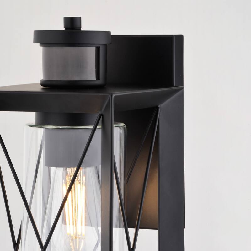 Milton Matte Black Motion Sensor Dusk to Dawn Outdoor Wall Light Transitional Clear Glass - 6-in W x 14-in H x 7-in D