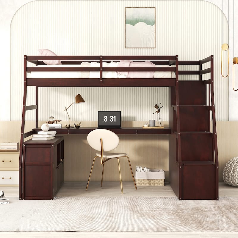 Twin Size Wood Loft Bed with Drawers, Shelves, Ladder, and Desk
