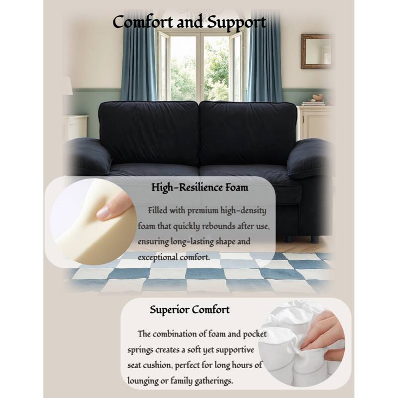 Roomfitters Modern Overstuffed Upholstered Sofa with Hidden Storage and Padded Arms, Comfy Loveseat for Small Space