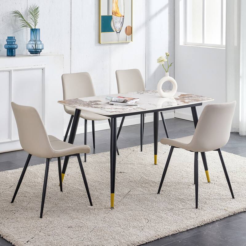 48.4" 5-Piece Sintered Stone Dining Table Set with 4 PU Chairs, Curved Widened Cushions, Pandora Patterned Rock Slab Desktop
